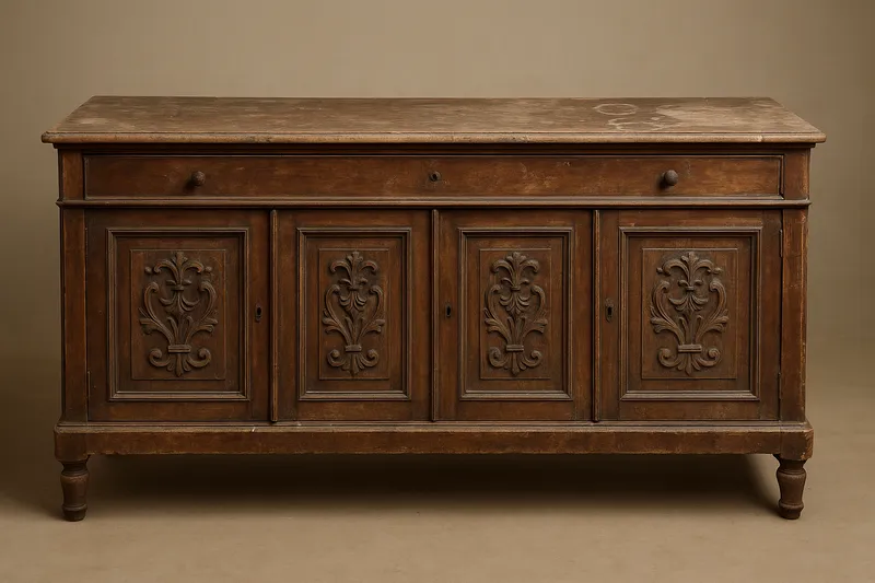 Walnut buffet before refinishing, worn and scratched finish