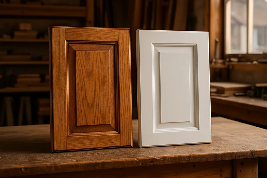 Kitchen cabinet doors in a workshop, one restained warm wood door beside a smooth painted white door