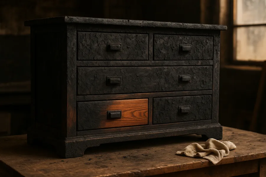 A soot-covered wooden dresser being assessed for smoke damage furniture restoration in a workshop