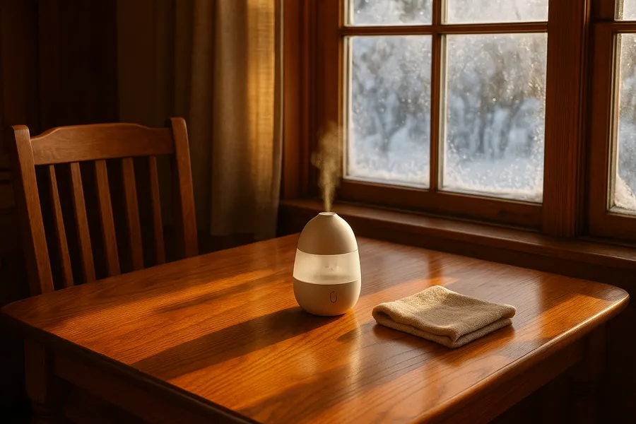A wood dining table near a window in a Minnesota home during winter, sun and dry heated air on the finish
