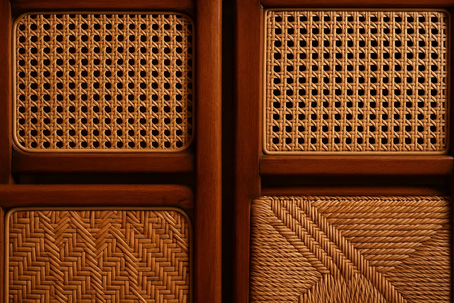 Close-up of a hand-woven cane chair seat showing the traditional octagonal weave pattern