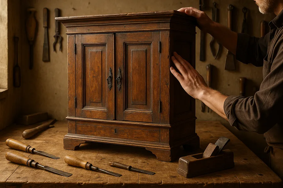 An antique wooden cabinet with original aged patina beside hand tools, being assessed for restoration