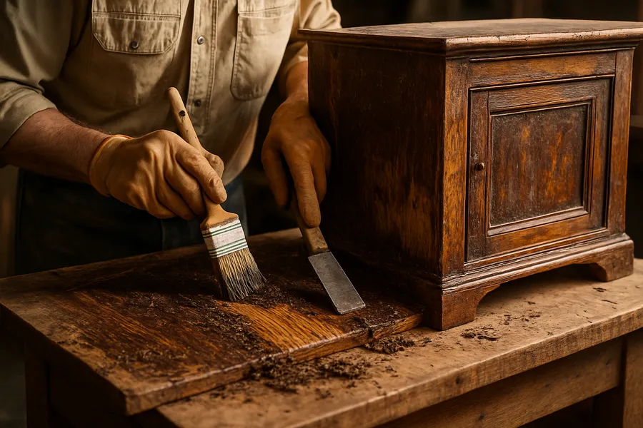 An antique wooden cabinet being carefully hand-stripped with brush and scraper to reveal bare wood grain