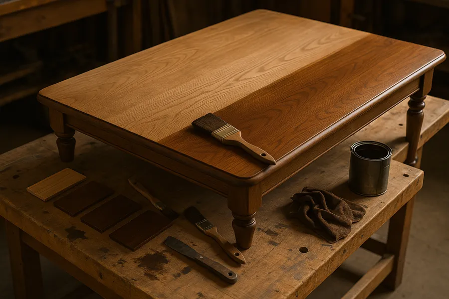 A craftsman hand-sanding a wooden table being refinished in a Saint Paul workshop