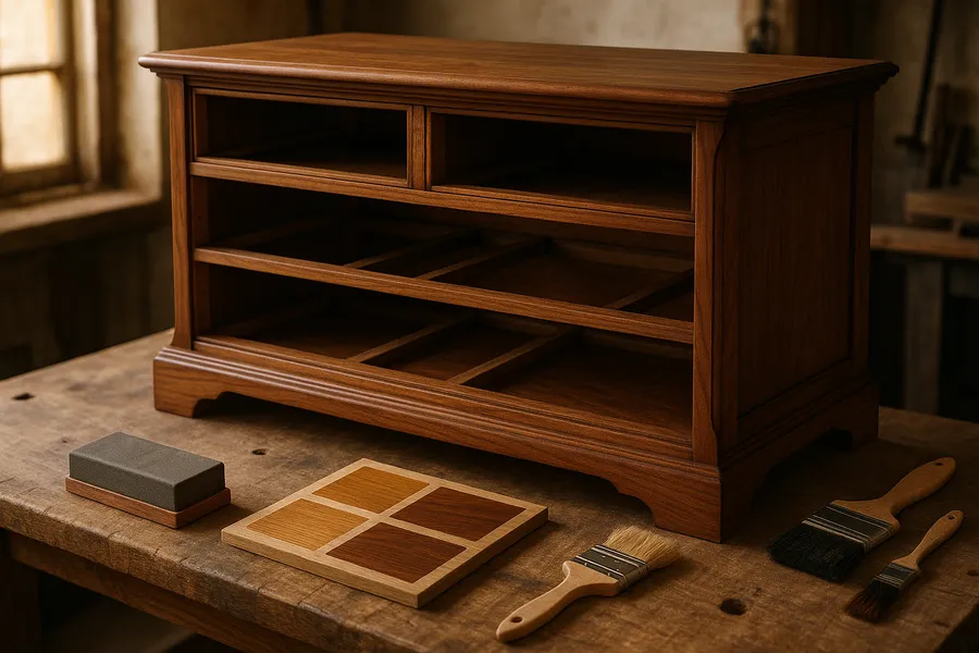 A solid wood dresser with drawers removed being refinished on a workbench in a Saint Paul workshop
