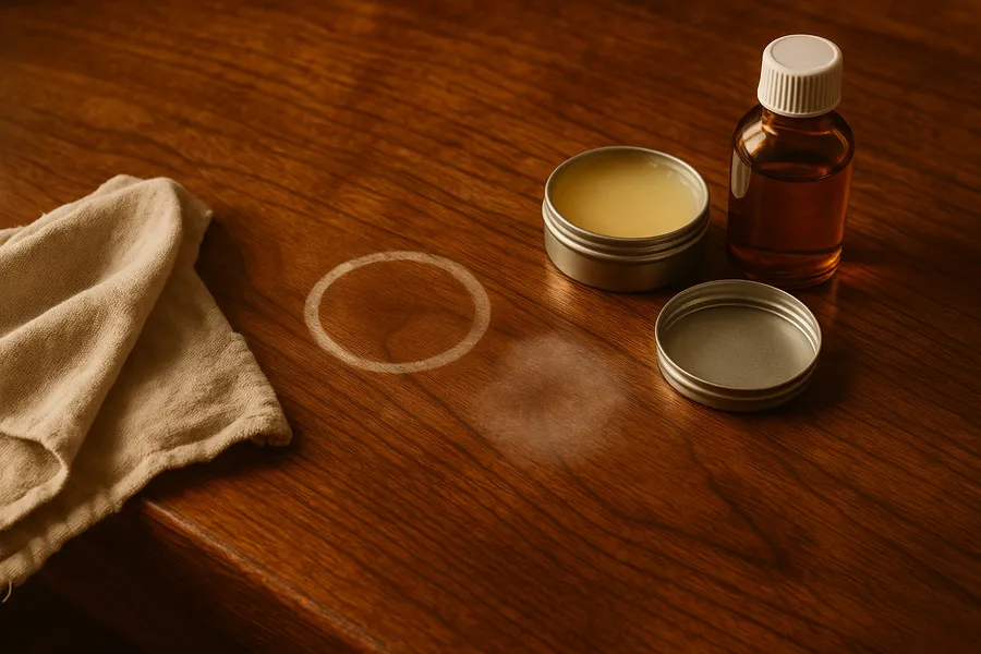 A wooden tabletop with a faint white water ring being examined before repair in a workshop