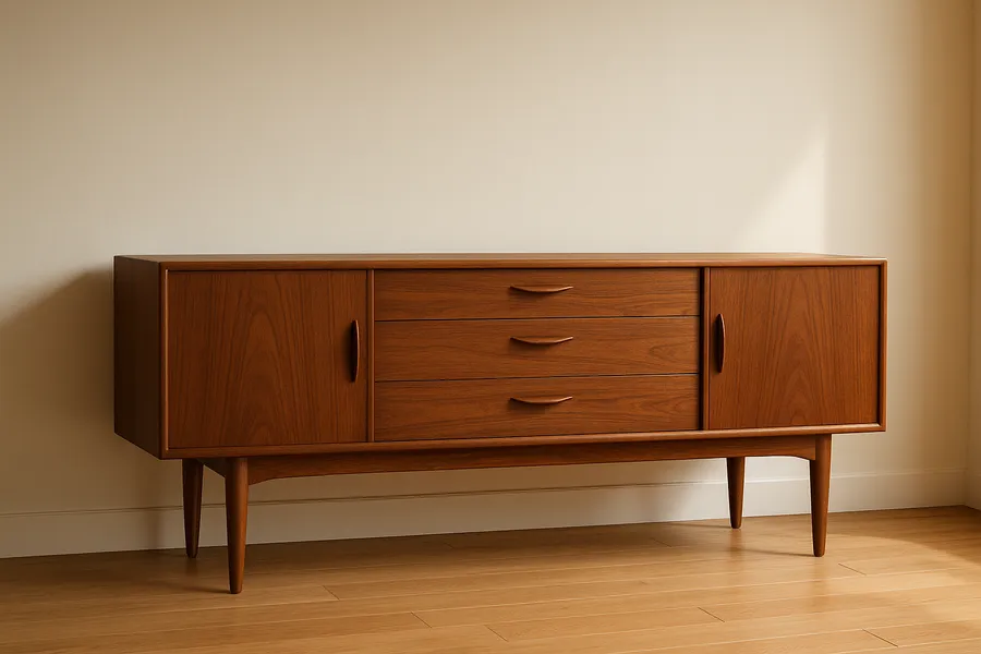 A restored mid-century modern teak credenza with clean lines and a warm oiled finish in a bright room