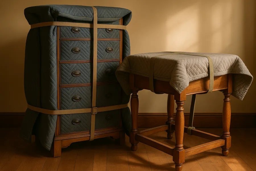 Antique wooden furniture wrapped in moving blankets and being lifted carefully during a Twin Cities move