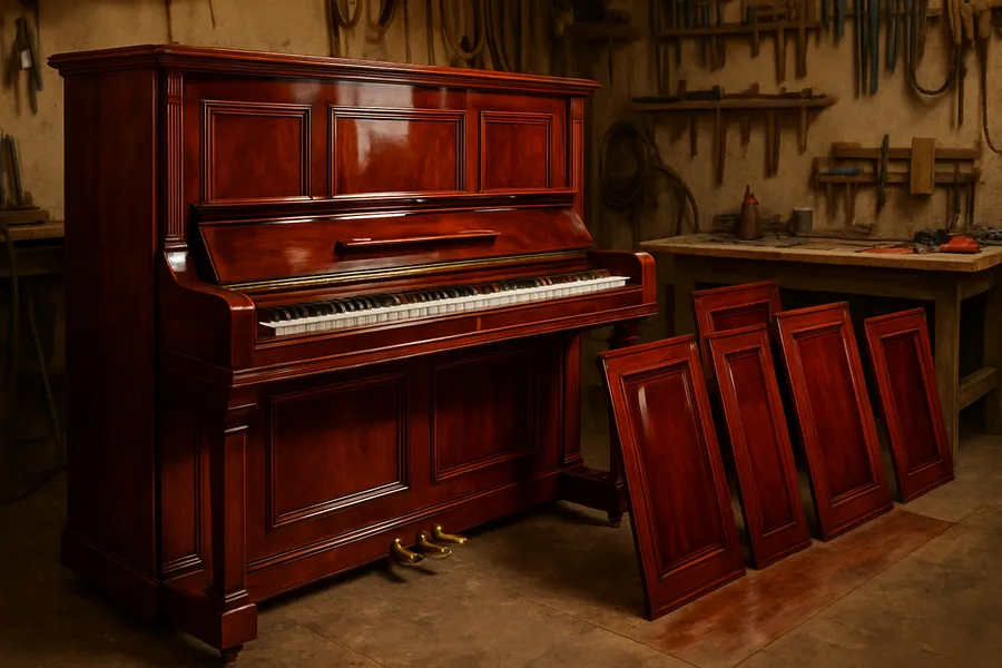 An upright piano in a workshop with cabinet panels being refinished to a deep restored wood finish