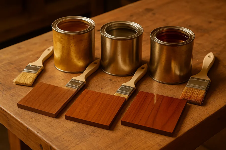 Cans and brushes of shellac, lacquer, and varnish beside a wood sample showing different finish sheens