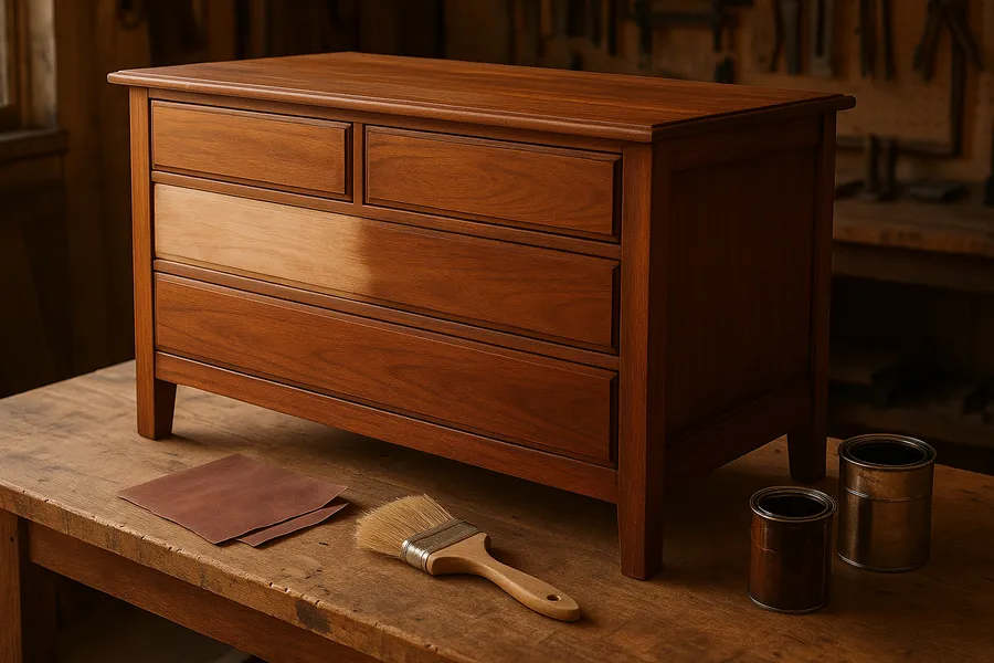 A partly refinished wooden dresser with sandpaper, brushes and stain cans, weighing a DIY refinishing project
