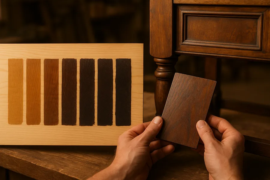 Wood stain samples brushed on a board next to a piece being color matched to a custom finish in a workshop