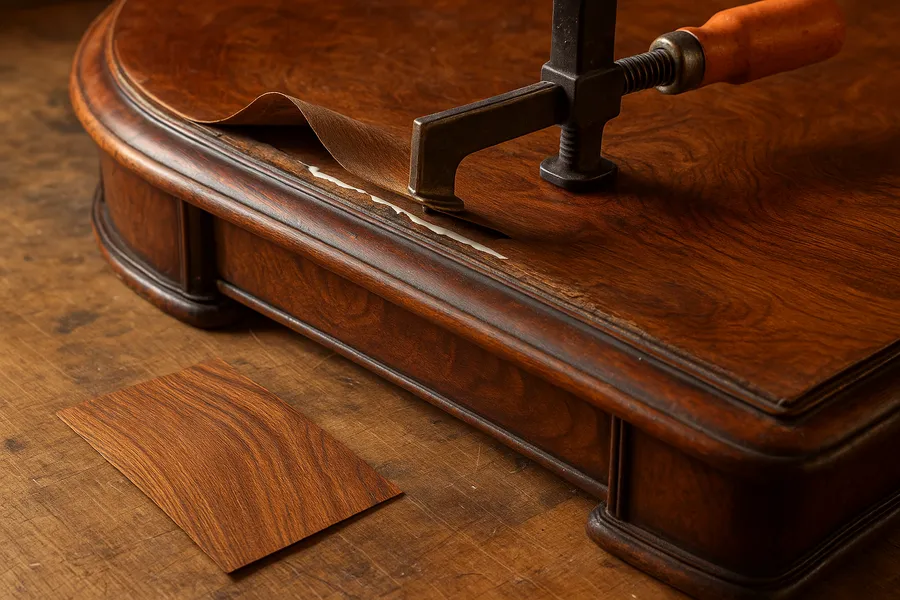 Lifting wood veneer on an antique tabletop being re-glued and clamped flat on a workbench