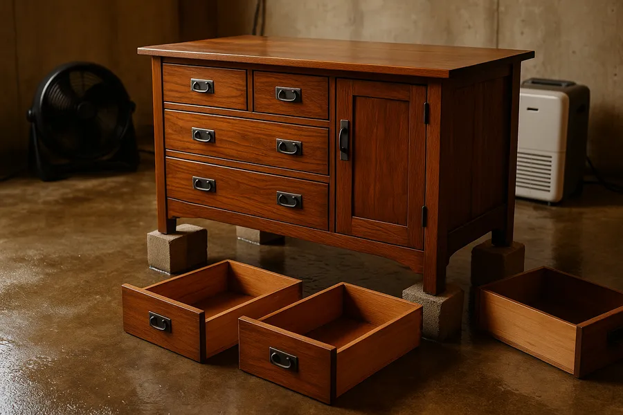 Water damaged wood furniture raised on blocks and drying with the drawers pulled out after a basement flood