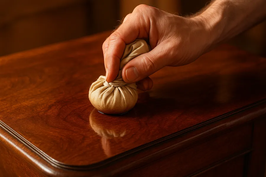 A hand using a cloth pad to apply French polish shellac to a glossy antique tabletop