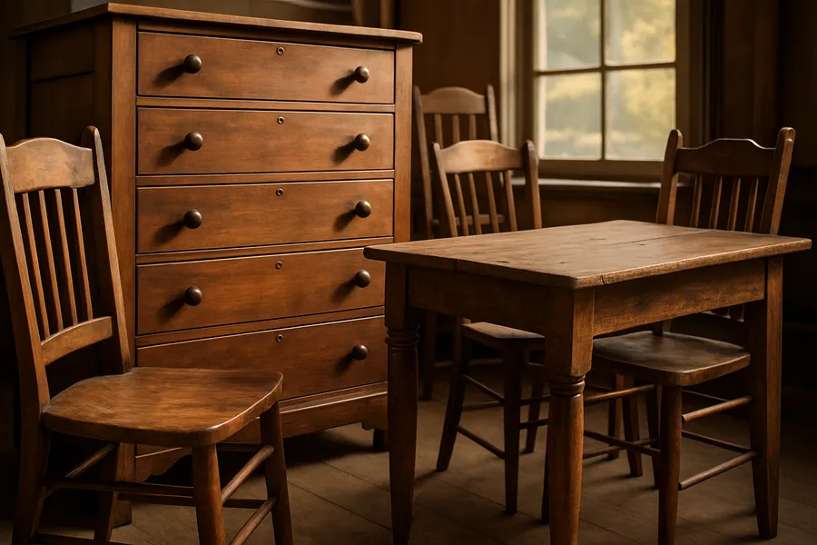 A solid wood dresser and chairs at a Saint Paul estate sale, the kind of restorable furniture worth saving