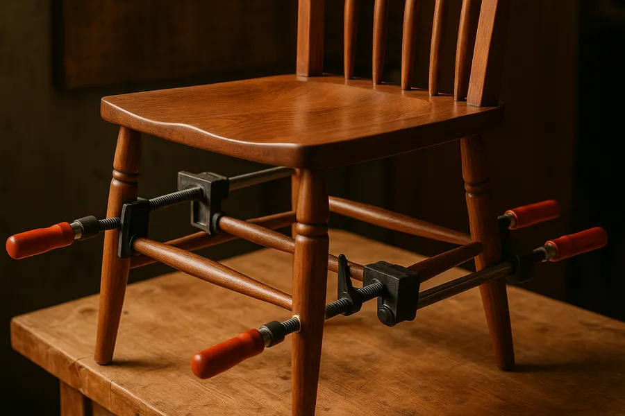A wooden dining chair clamped at its joints while glue sets during a repair on a workbench