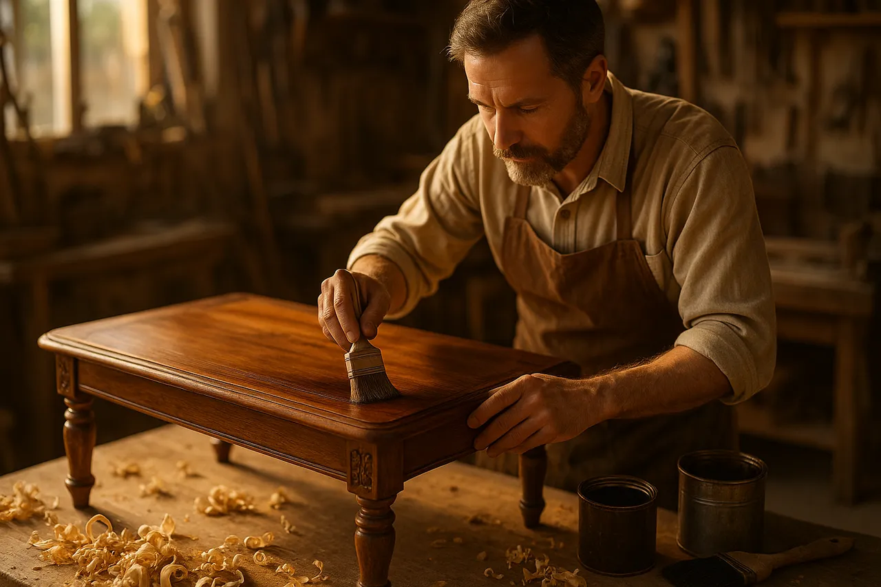 Craftsman hand-refinishing an antique wood table in a Saint Paul workshop